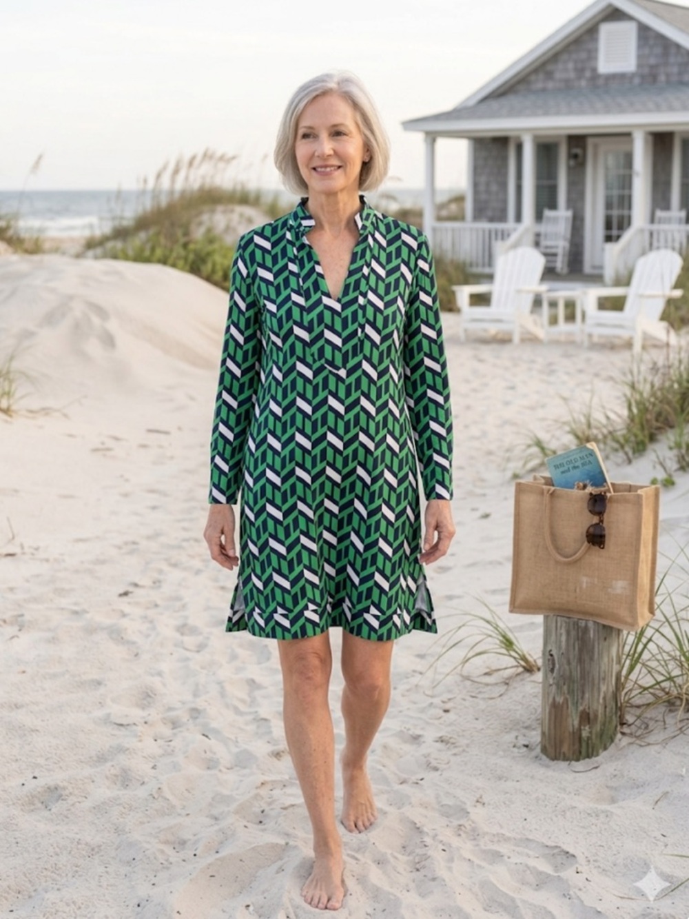 Jude Connally Green Navy Geometric Tunic Dress Size M Made in USA Preppy Coastal